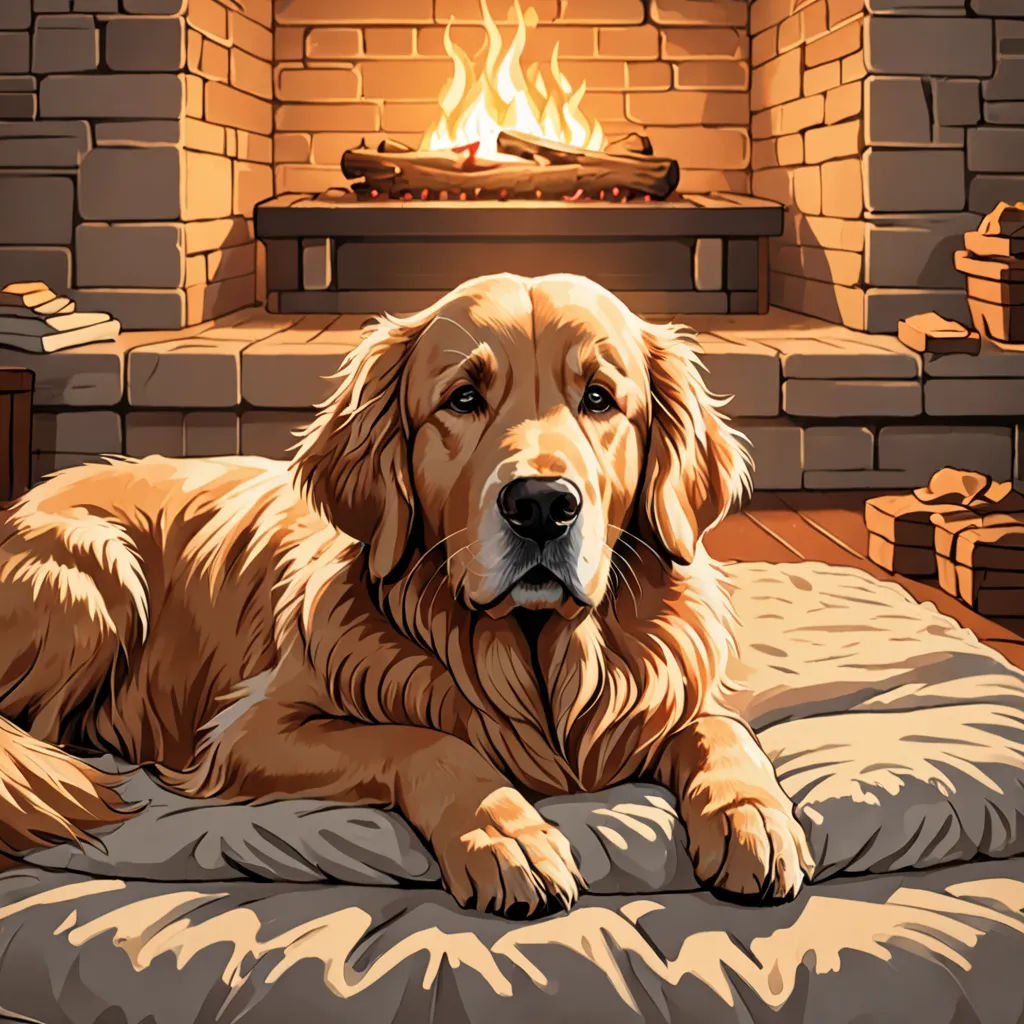 a dog laying on a pillow in front of a fireplace with a lit fire place in the background and a blanket on the floor, furry art, a storybook illustration, Dan Mumford, highly detailed digital painting