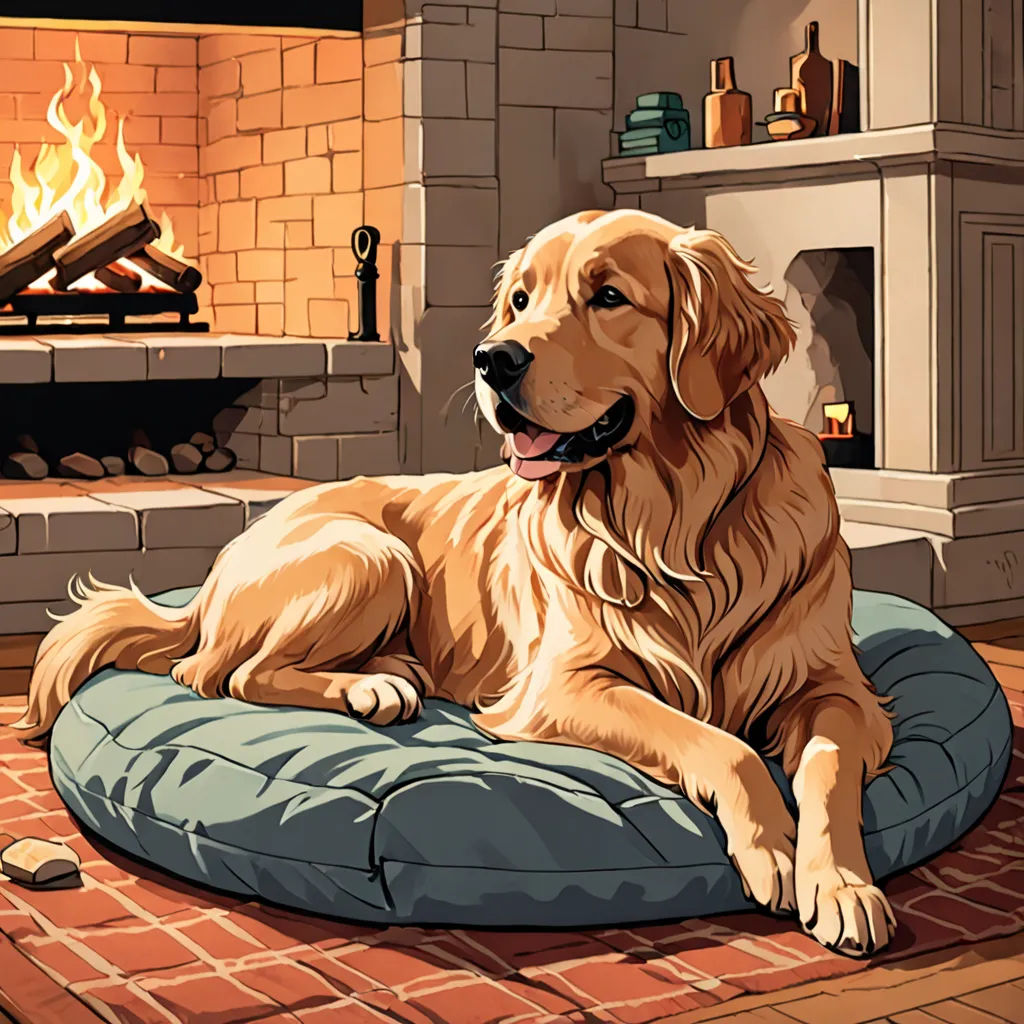 a dog is sitting on a pillow in front of a fireplace and a fire place with a fireplace in the background, furry art, a storybook illustration, Chris LaBrooy, detailed illustration