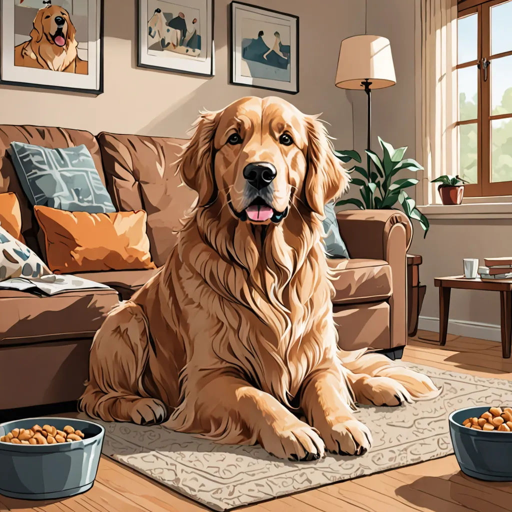 a dog sitting on a rug in a living room with a bowl of food and a bowl of food, photorealism, a storybook illustration, Chris LaBrooy, highly detailed digital painting