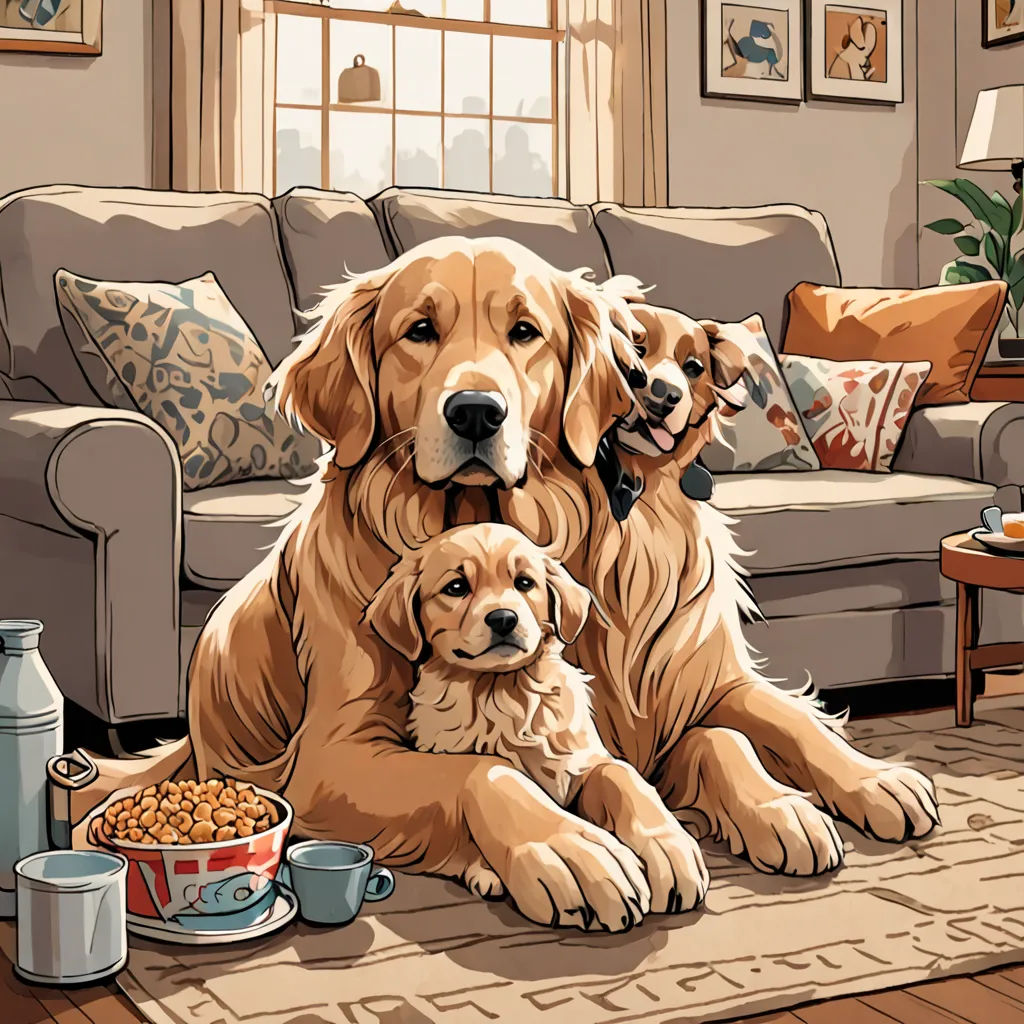 a dog and two puppies are sitting on the floor in front of a couch with a bowl of food, furry art, a storybook illustration, Chris LaBrooy, high detail illustration