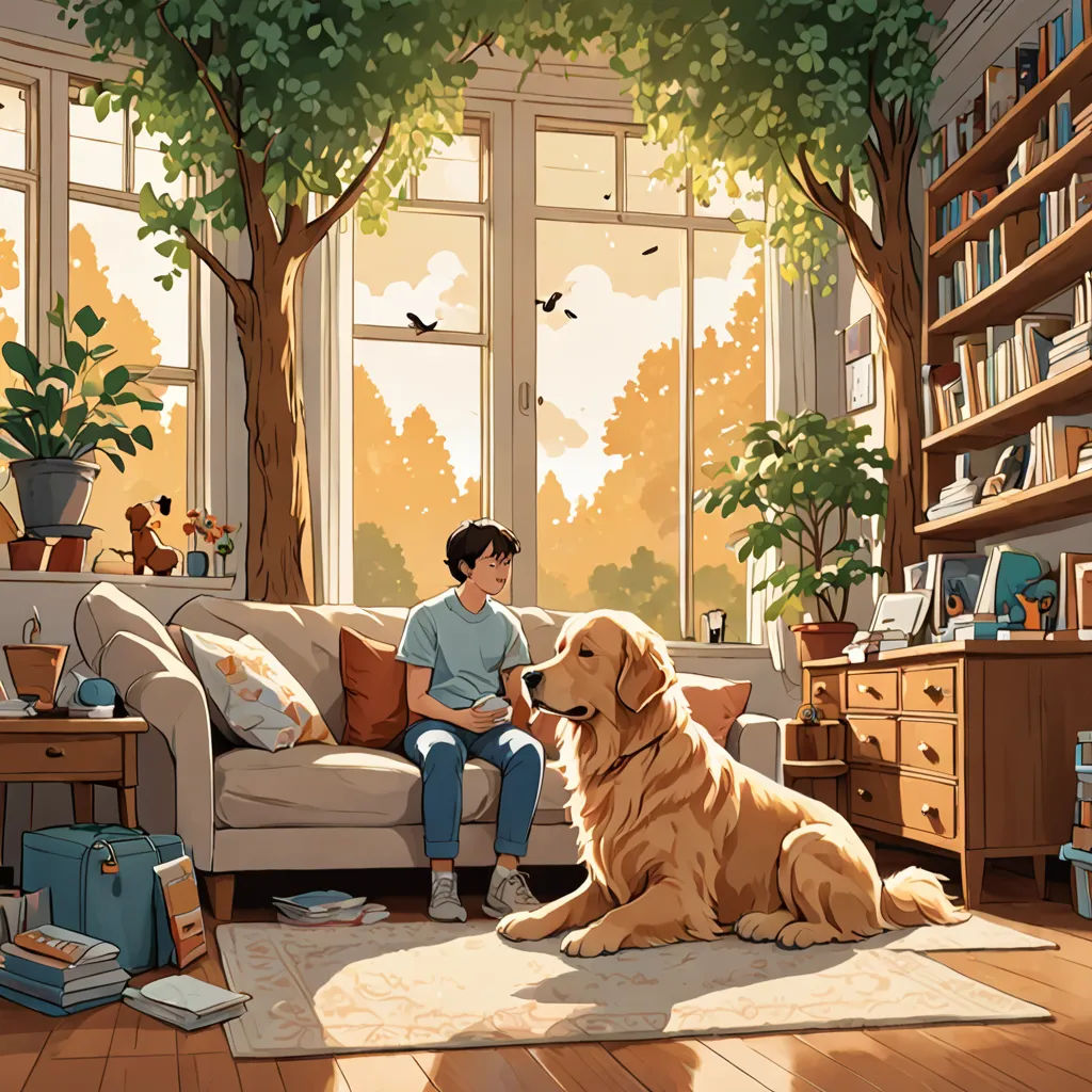 a man sitting on a couch next to a dog in a living room with a bookcase and a tree, american scene painting, a storybook illustration, Chris LaBrooy, storybook illustration