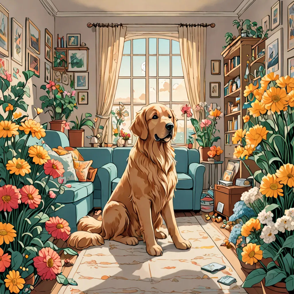 a dog sitting in a living room with flowers and a couch in the background and a window with a view, furry art, a storybook illustration, Chris LaBrooy, rossdraws global illumination