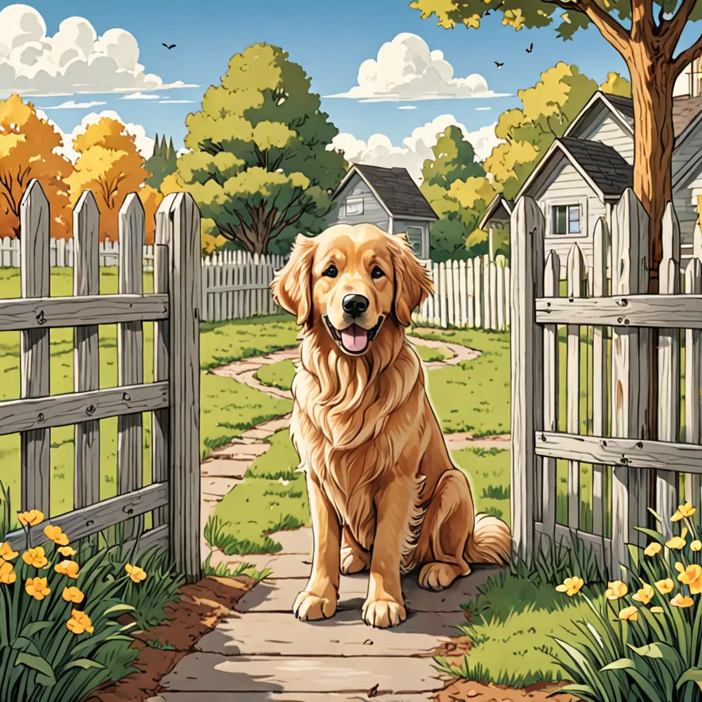 a dog sitting in the grass near a fence and flowers in the yard of a house with a dog in the background, american scene painting, a storybook illustration, Chris LaBrooy, highly detailed digital painting