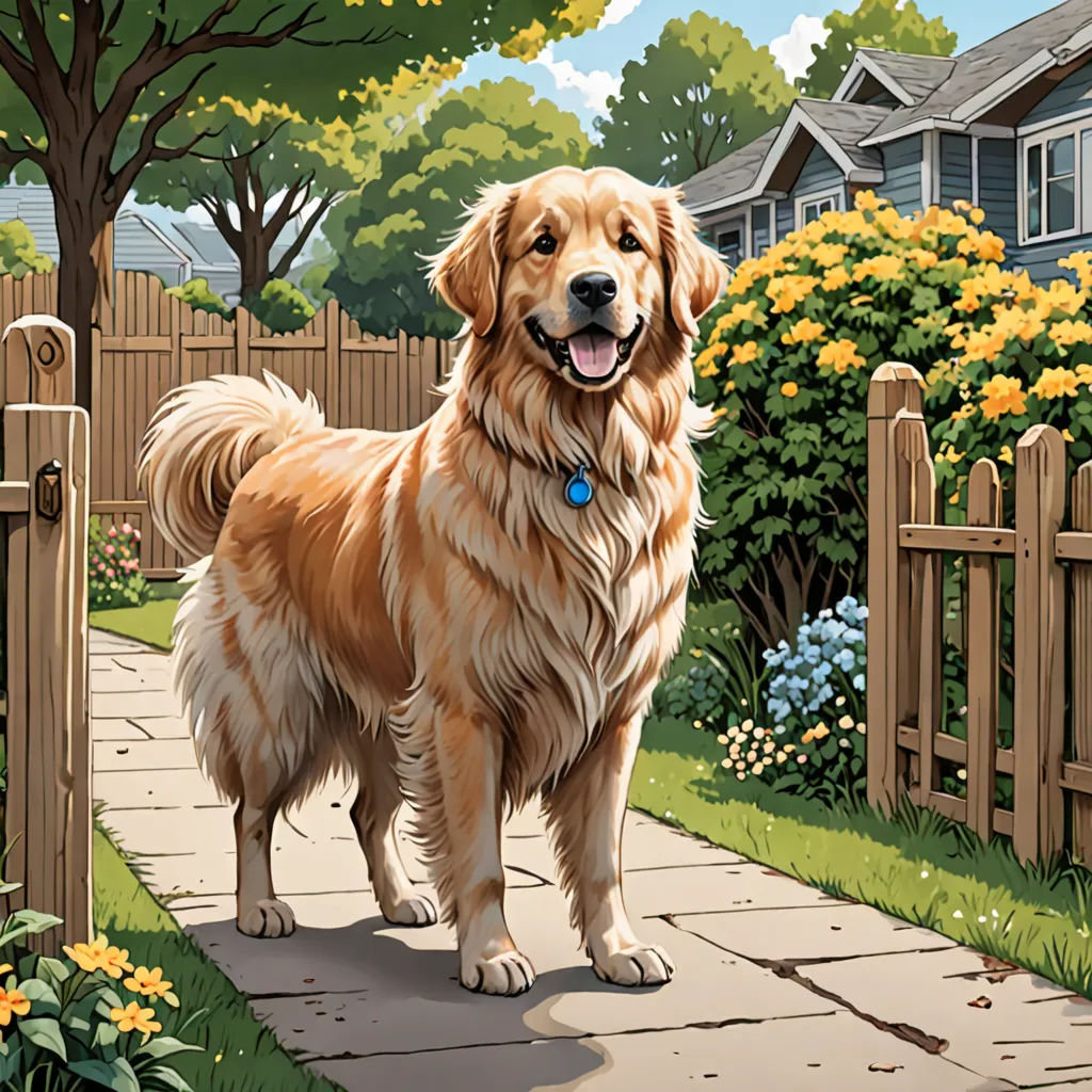 a dog standing on a sidewalk next to a fence and flowers in a yard with houses in the background, american scene painting, a storybook illustration, Chris LaBrooy, highly detailed digital painting