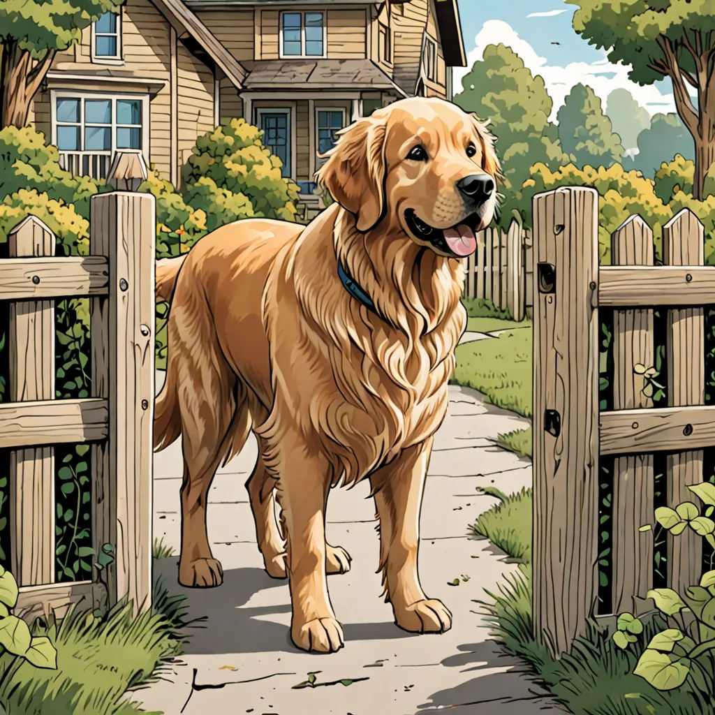 a dog standing in front of a house with a gate and a house in the background with a dog on the path, furry art, a comic book panel, Dan Mumford, comic cover art