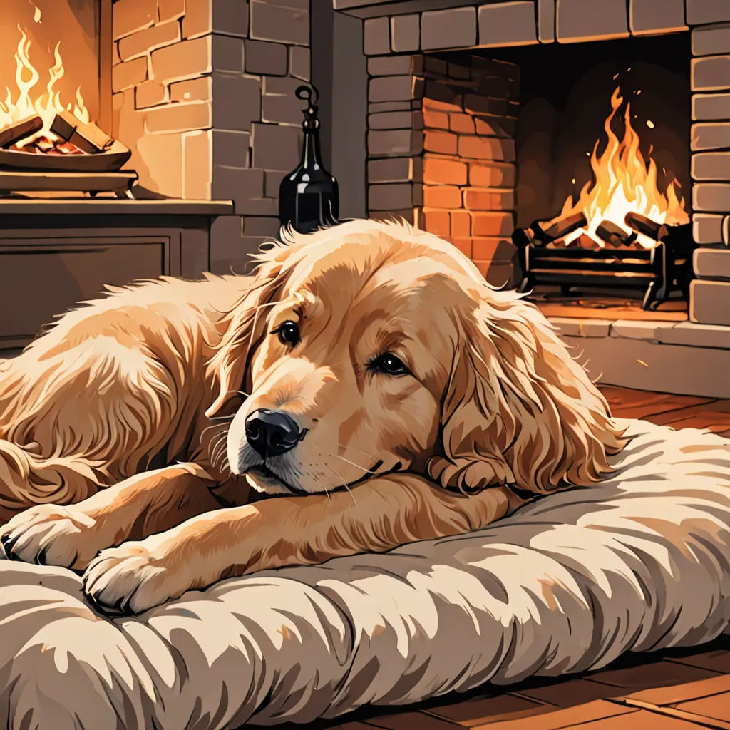 a dog laying on a pillow in front of a fireplace with a fire place in the background and a bottle of wine on the floor, furry art, a storybook illustration, Alison Kinnaird, highly detailed digital painting