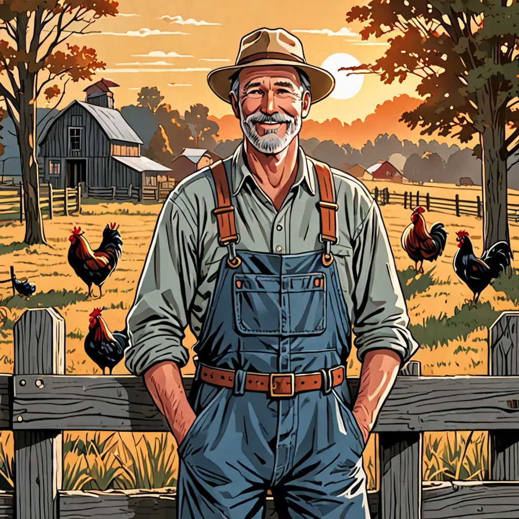 a man standing in front of a fence with chickens in the background and a farm scene in the background, american impressionism, a storybook illustration, Douglas Shuler, high detail illustration