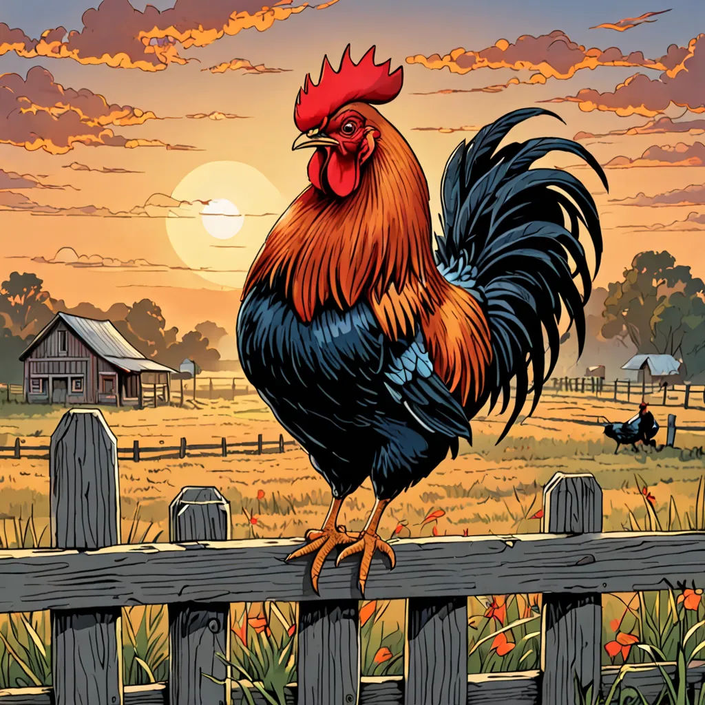 a rooster standing on a fence in a field with a sunset in the background and a farm with chickens, folk art, a comic book panel, Dan Mumford, western comic book art