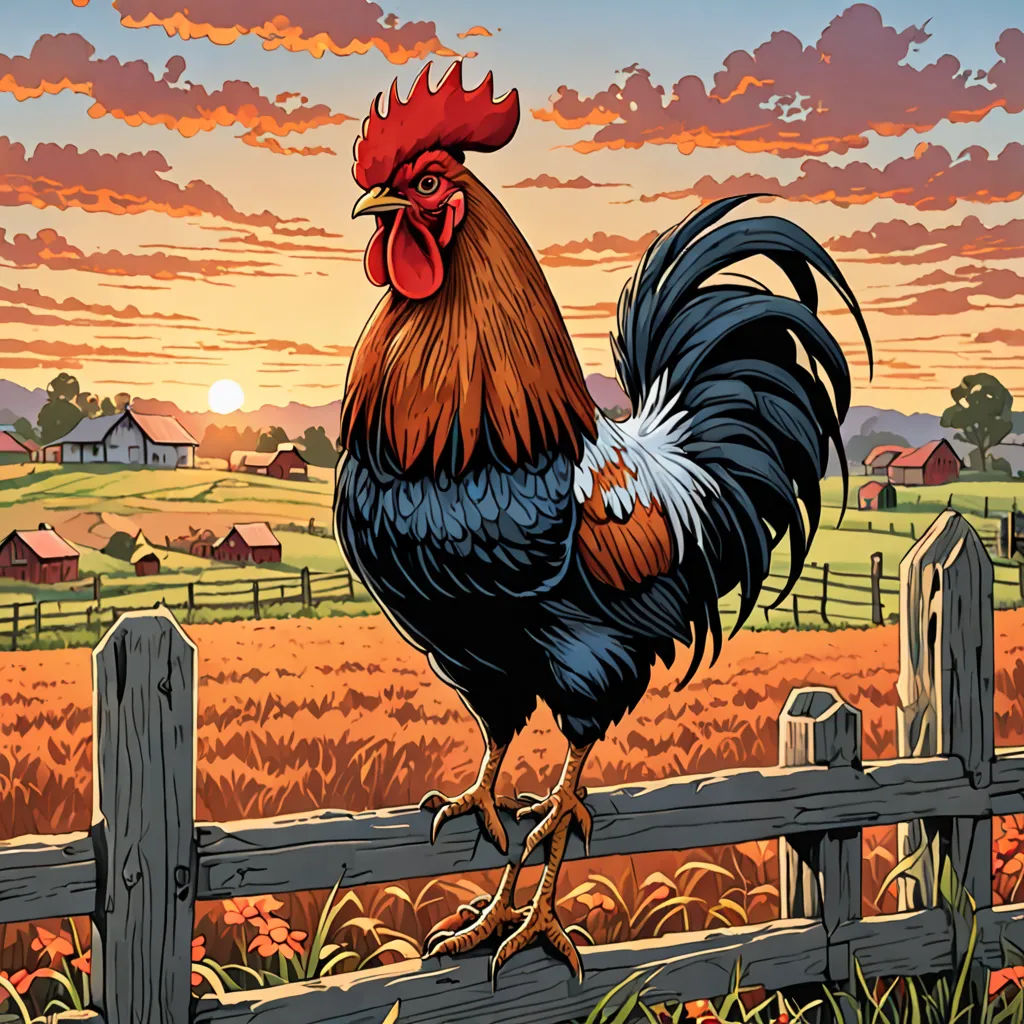 a rooster standing on a fence post in a field of flowers and grass with a sunset in the background, folk art, a comic book panel, Dan Mumford, western comic book art