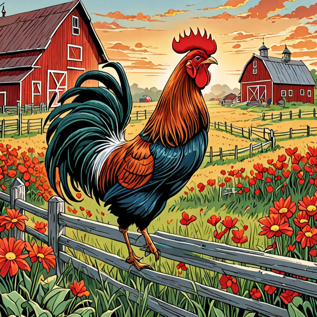 a rooster standing on a fence in a field of flowers and a barn in the background with a red sky, folk art, a storybook illustration, Dan Mumford, highly detailed digital painting