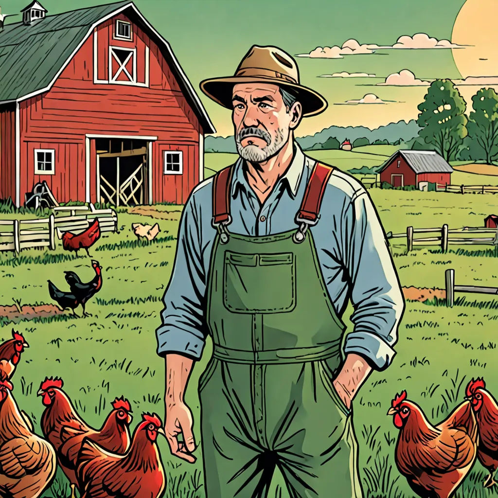 a man standing in front of a farm with chickens and a red barn in the background with a red sky, context art, a comic book panel, Art Spiegelman, western comic book art