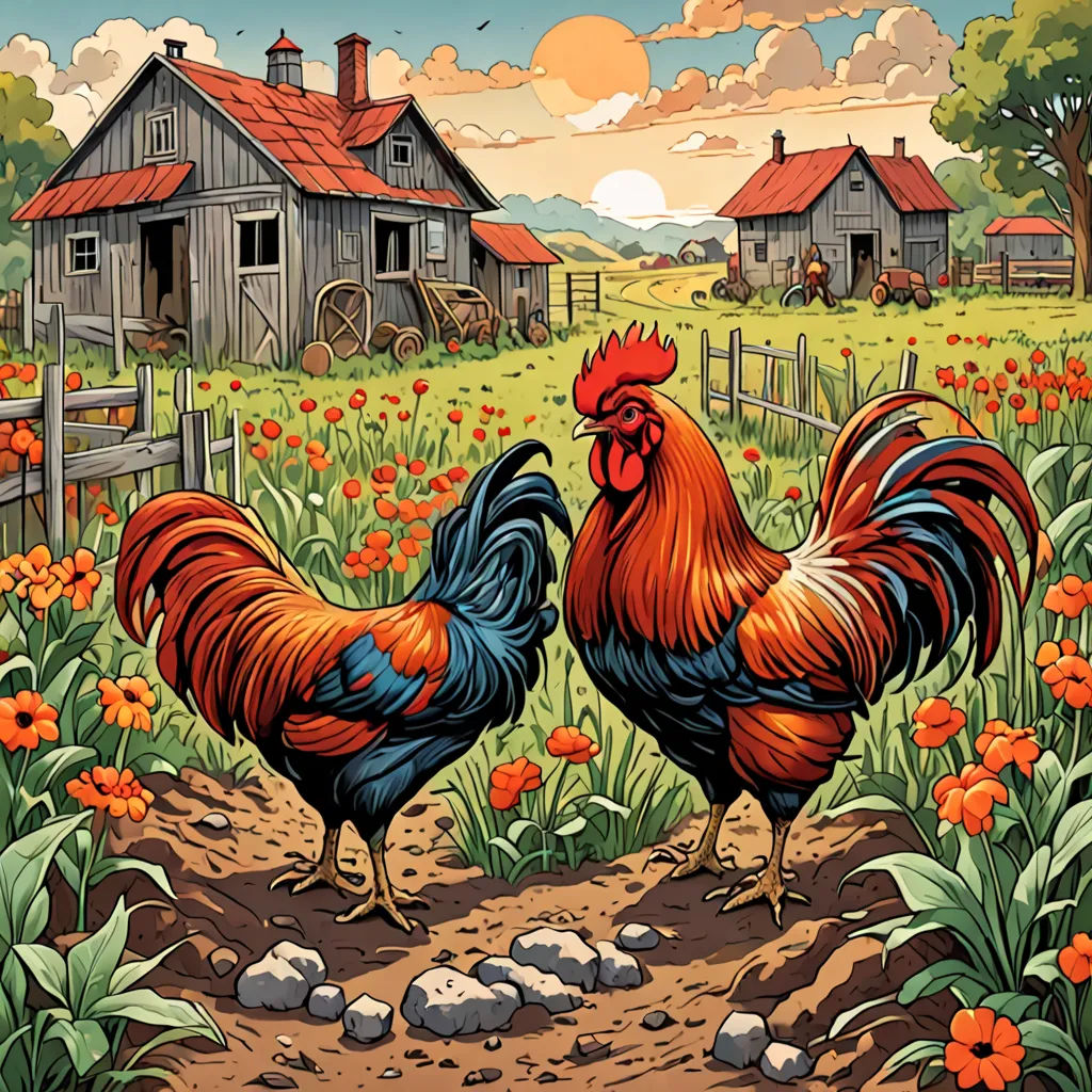 two roosters are standing in a field of flowers and a barn in the background with a red roof, folk art, a storybook illustration, Dan Mumford, josan gonzales and dan mumford