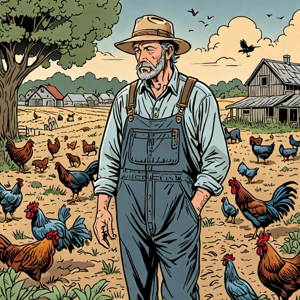 a man standing in a field with chickens around him and a house in the background with a tree and a few birds, american realism, a comic book panel, Art Spiegelman, western comic book art