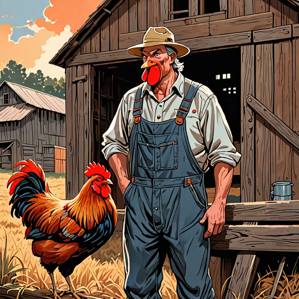 a man standing next to a chicken in a field of grass near a barn with a rooster on it, american scene painting, a comic book panel, Dan Mumford, western comic book art