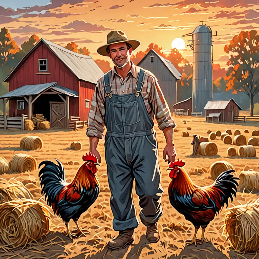 a man standing in a field with two chickens next to hay bales and a barn in the background, american scene painting, a storybook illustration, Dan Mumford, highly detailed digital painting