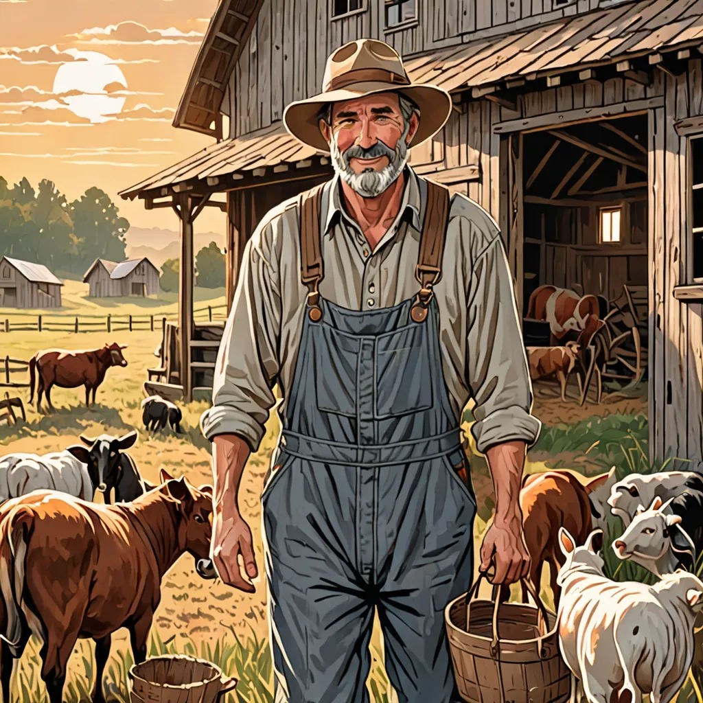 a man standing in front of a barn with a herd of cows and a bucket of milk in front of him, american scene painting, a storybook illustration, Douglas Shuler, western comic book art