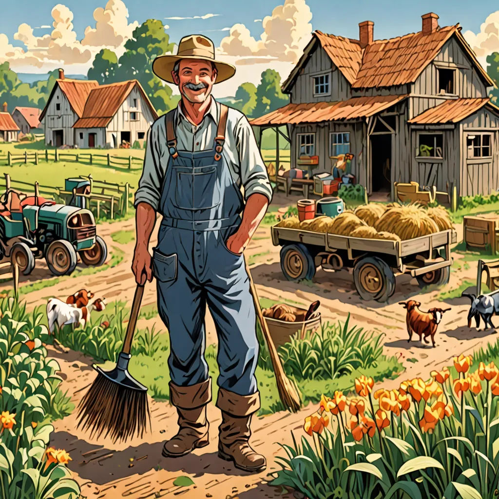 a man standing in a field with a broom and a farm scene in the background with a farm house, american scene painting, a storybook illustration, Bob Byerley, highly detailed digital painting
