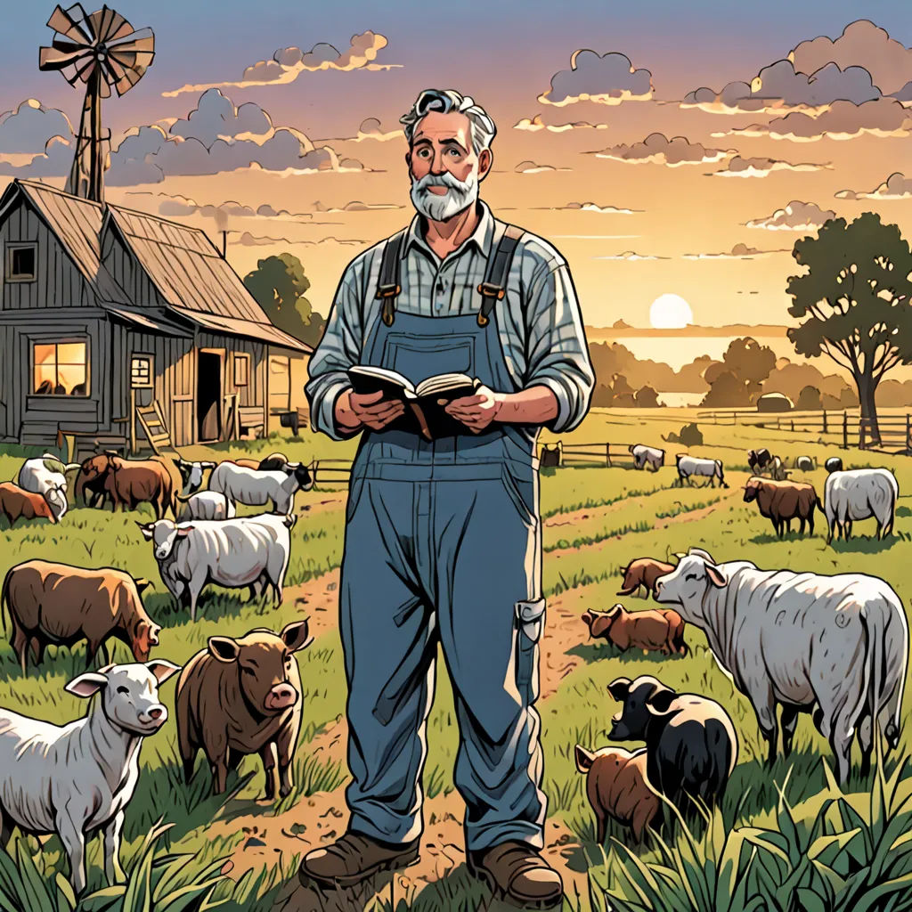 a man standing in a field with a book in his hands and a herd of sheep behind him, with a windmill in the background, american scene painting, a storybook illustration, Asaf Hanuka, graphic novel