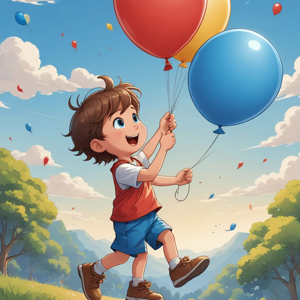 a boy holding two balloons in the air with a mountain in the background illustration by alex krapf, lyco art, a storybook illustration, Cyril Rolando, trending on art station