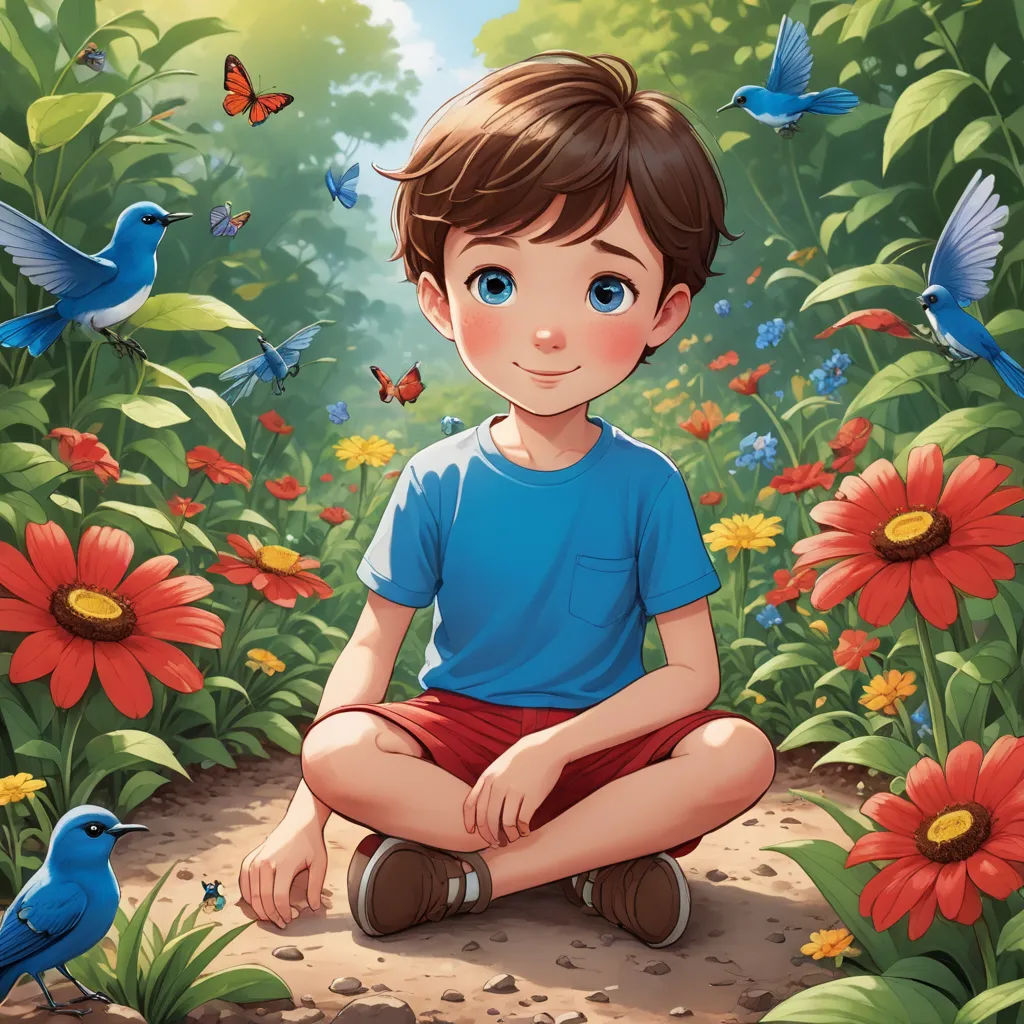 a boy sitting in a field of flowers with a bird flying above him and a blue bird flying above him, magical realism, a storybook illustration, Diego Gisbert Llorens, storybook illustration