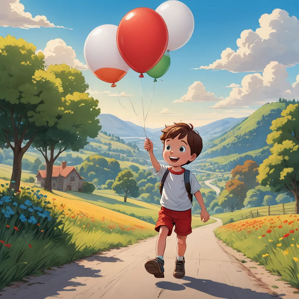 a boy running down a road with balloons in his hand and a house in the background, in a cartoon, american scene painting, a storybook illustration, Alejandro Burdisio, official art