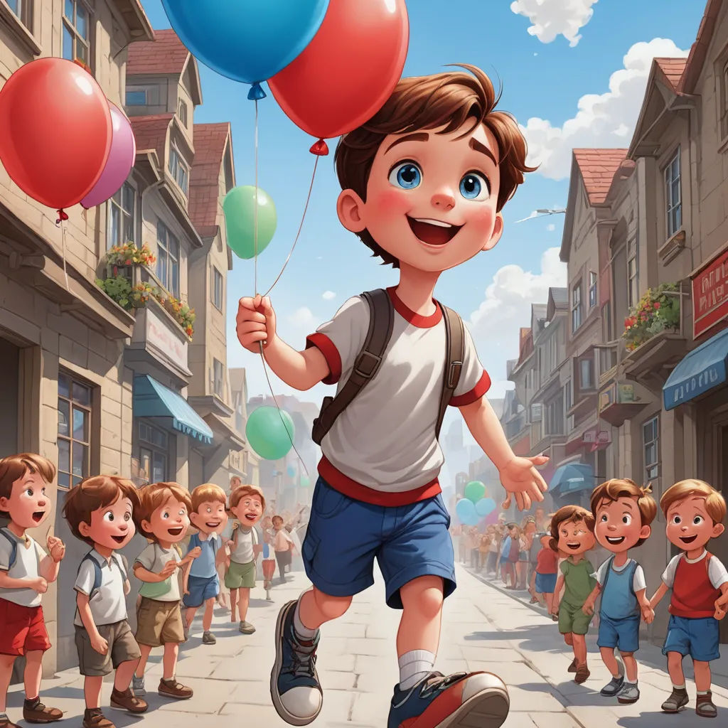 a boy is running with balloons in the street with other children in the background and a sky background that is blue and white, photorealism, a storybook illustration, Chris LaBrooy, pixar and disney animation