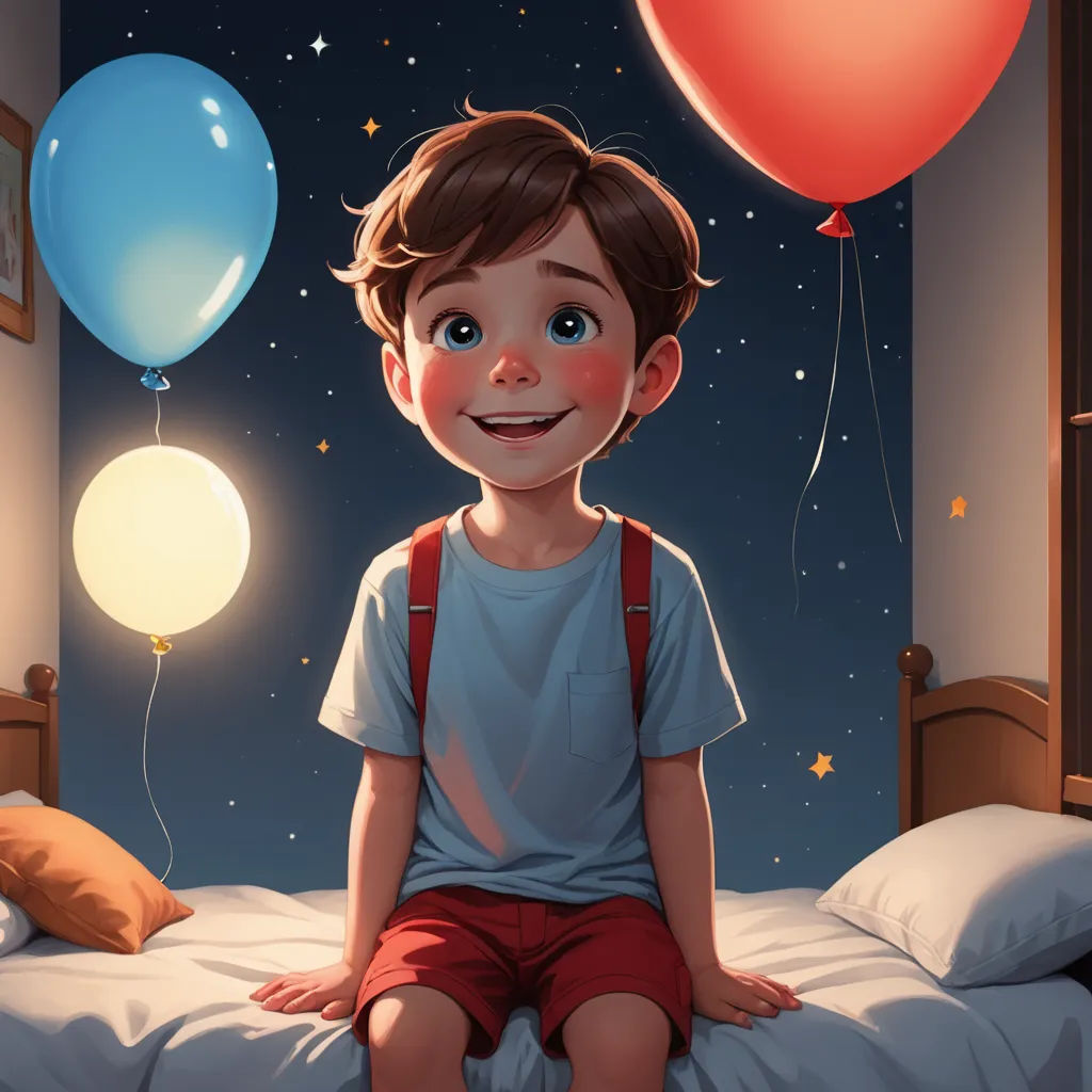 a boy sitting on a bed with balloons floating in the air above him and a bed with a pillow and a pillow, space art, a storybook illustration, Diego Gisbert Llorens, rossdraws global illumination
