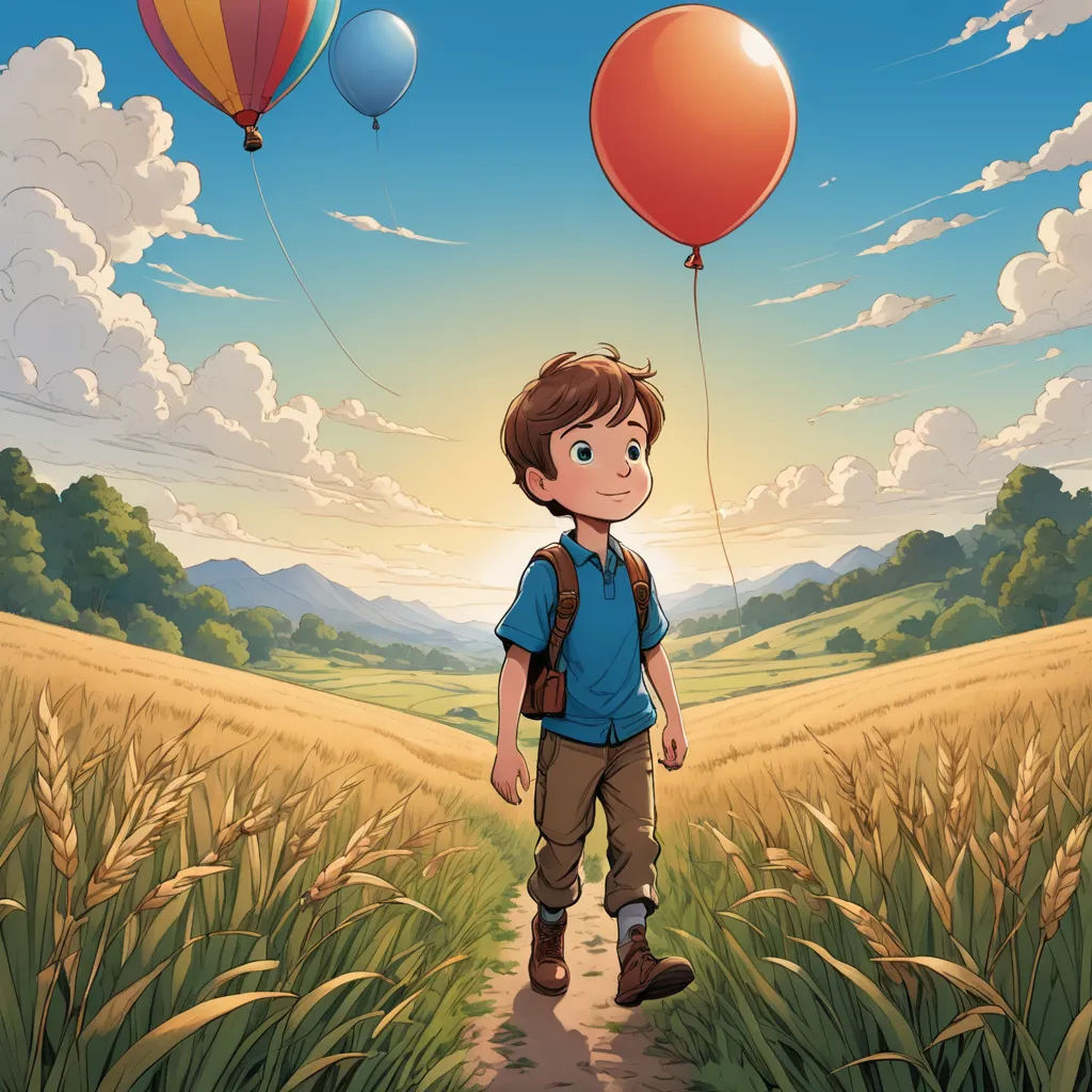 a boy with a backpack and two balloons in the sky above a field of grass and trees, with a blue sky and clouds, fantastic realism, a storybook illustration, Aaron Jasinski, rossdraws global illumination