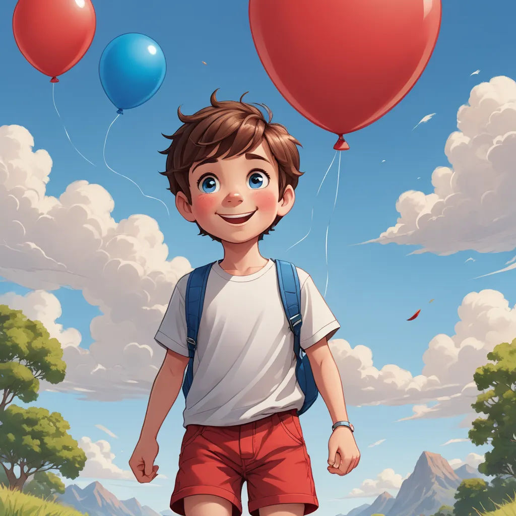 a boy with a backpack and two balloons floating in the air above him, in a cartoon style,, photorealism, a storybook illustration, Cyril Rolando, trending on art station