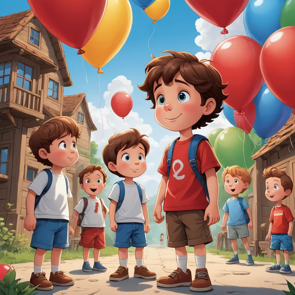 a group of children standing in front of a house with balloons flying above them and a boy in a red shirt, lyco art, a storybook illustration, Diego Gisbert Llorens, storybook illustration