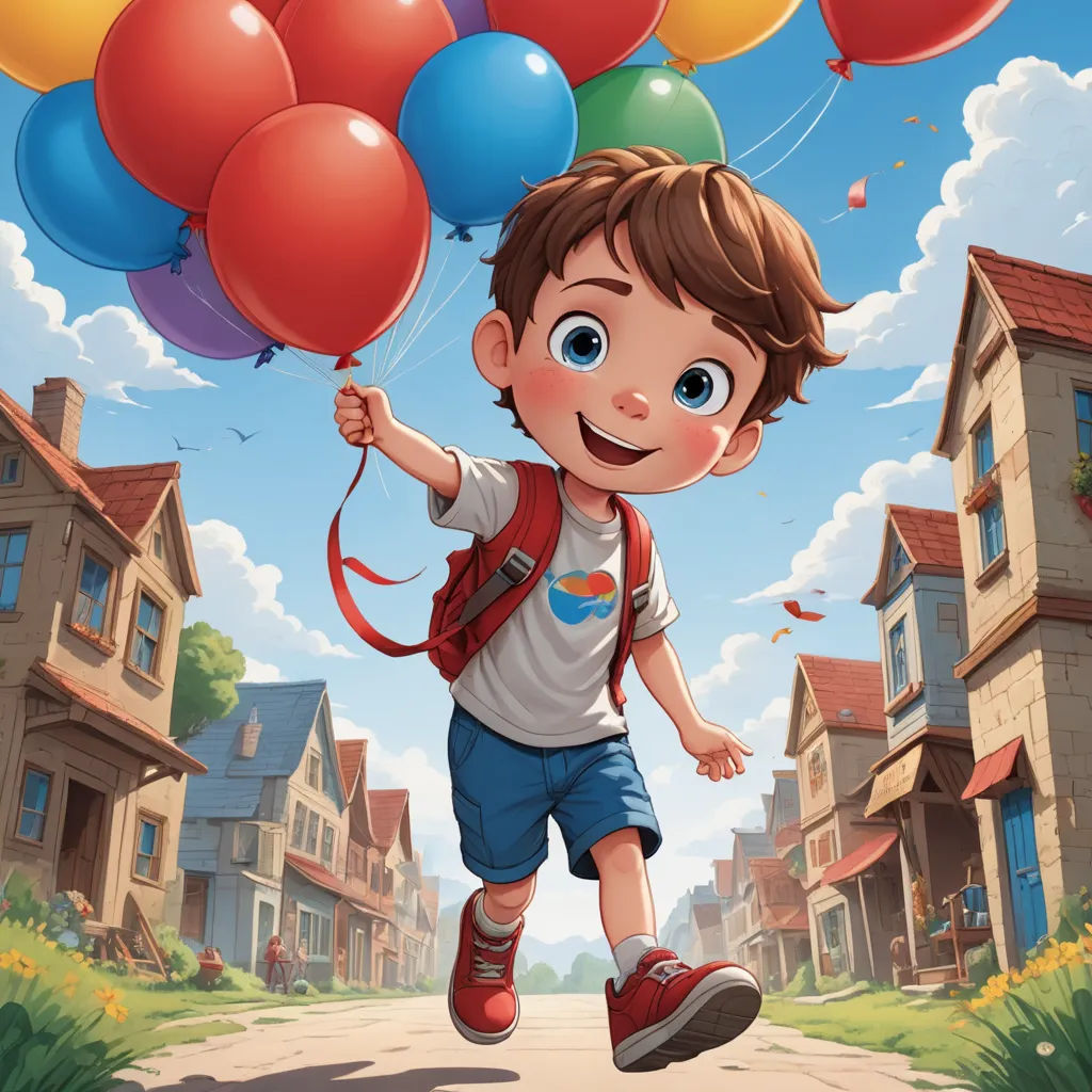 a boy with a backpack and balloons in the air over a street with houses and a street sign that says happy birthday, american scene painting, a storybook illustration, Aaron Jasinski, rossdraws global illumination