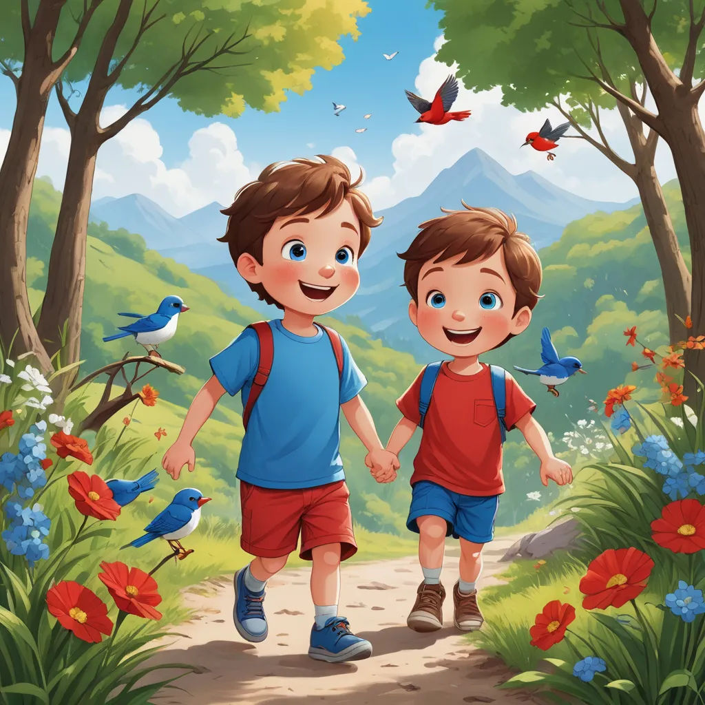 two boys walking down a path in the woods with birds flying overhead and a mountain in the background with red flowers, lyco art, a storybook illustration, Diego Gisbert Llorens, storybook illustration