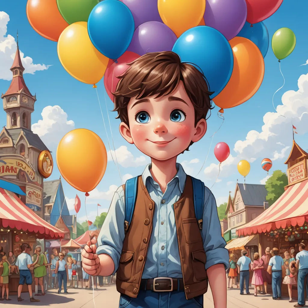 a boy holding a bunch of balloons in front of a crowd of people in a town square with a clock tower, fantastic realism, a storybook illustration, Aaron Jasinski, pixar and disney animation