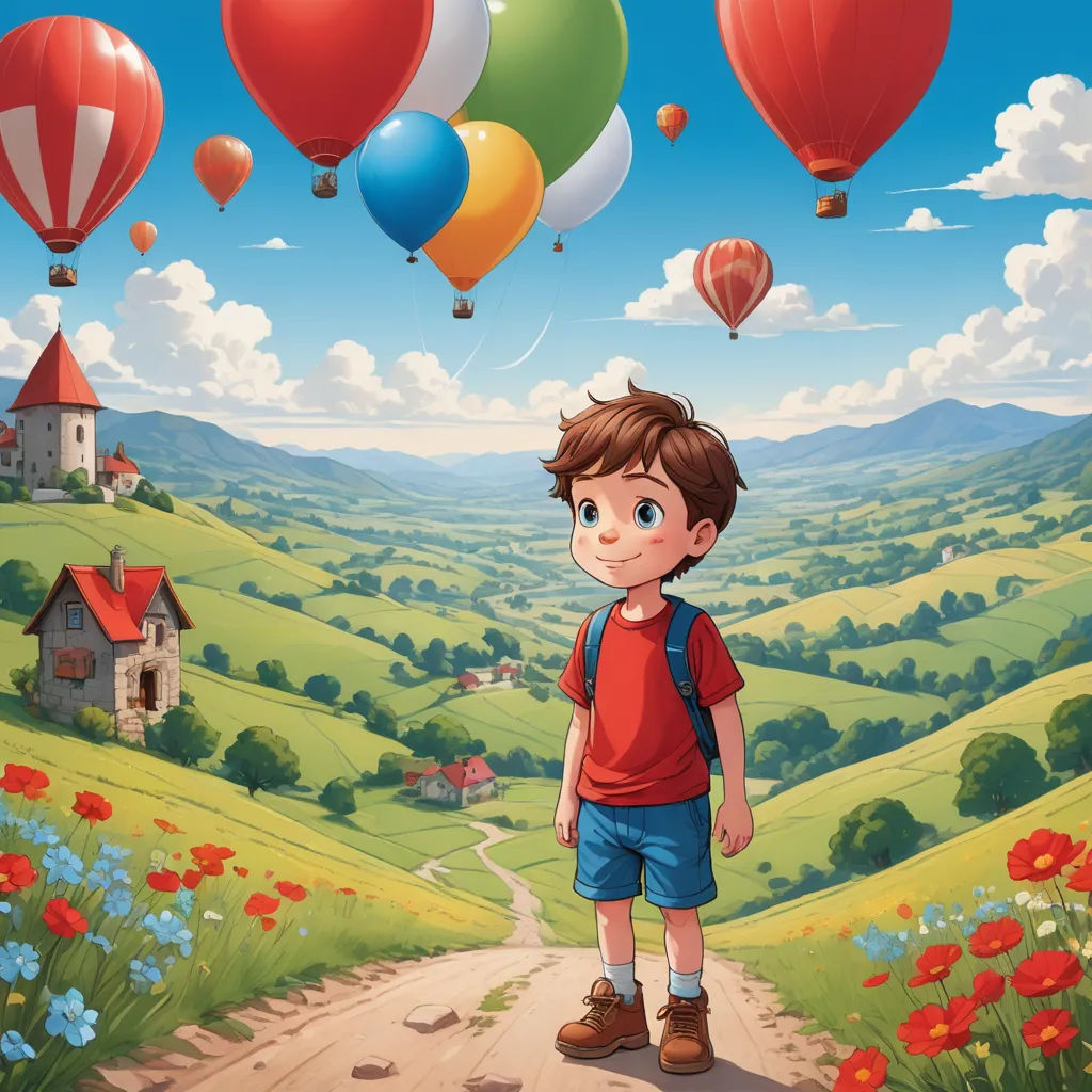 a boy standing on a dirt road in front of a field with balloons flying above him and a house on the hill, naive art, a storybook illustration, Diego Gisbert Llorens, storybook illustration