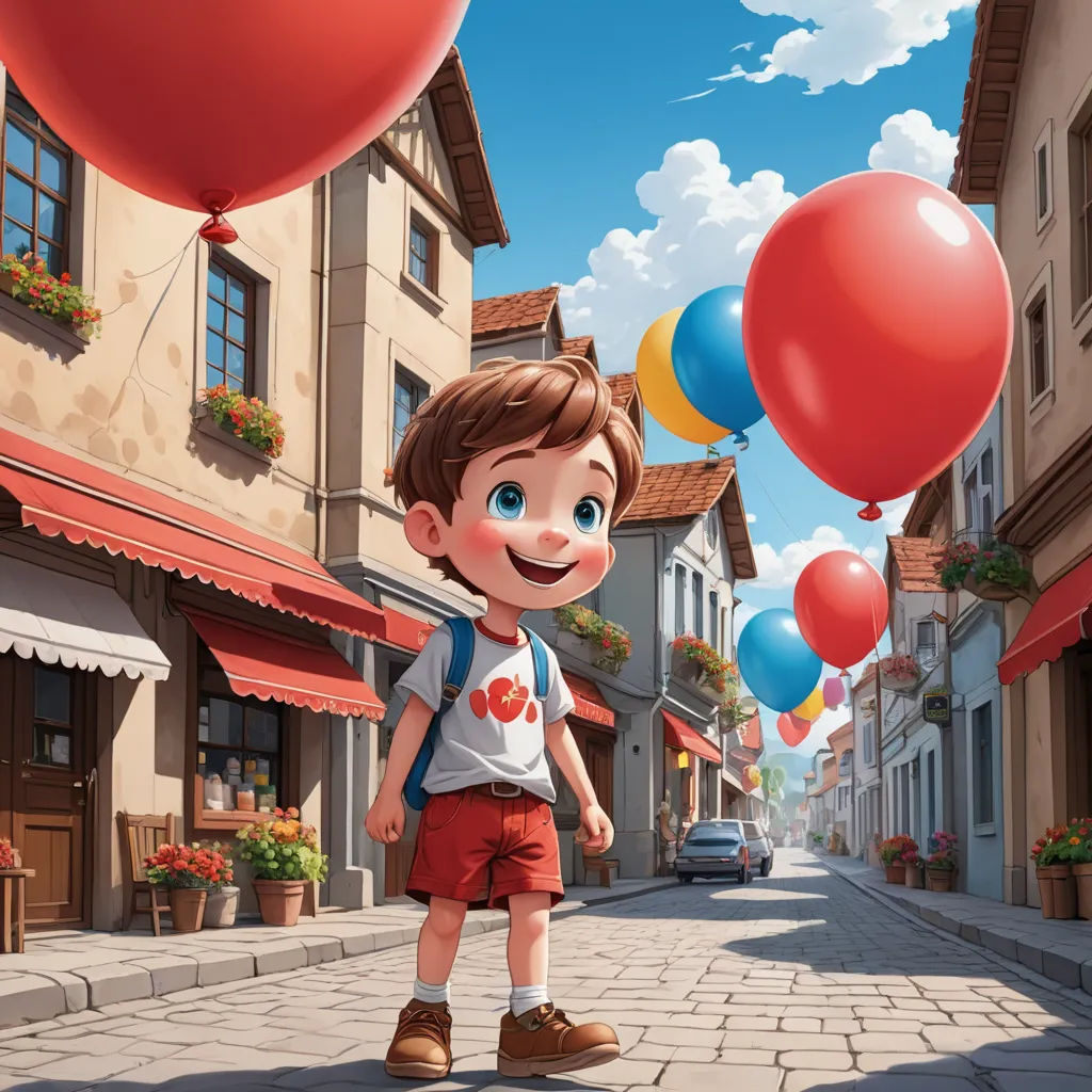 a boy is walking down a street with balloons in the air and a car parked on the side of the road, photorealism, a storybook illustration, Chris LaBrooy, behance hd