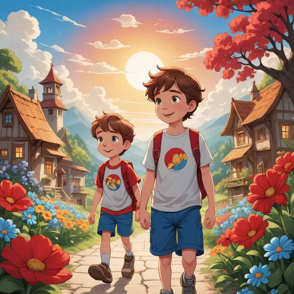 a boy and a boy are walking down a path in front of a village with flowers and a sun, lyco art, a storybook illustration, Brothers Hildebrandt, rossdraws global illumination