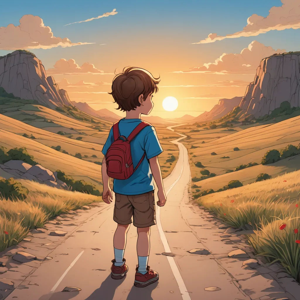 a boy with a backpack is standing on a road looking at the sun setting in the distance with a mountain in the background, magical realism, a storybook illustration, Diego Gisbert Llorens, rossdraws global illumination