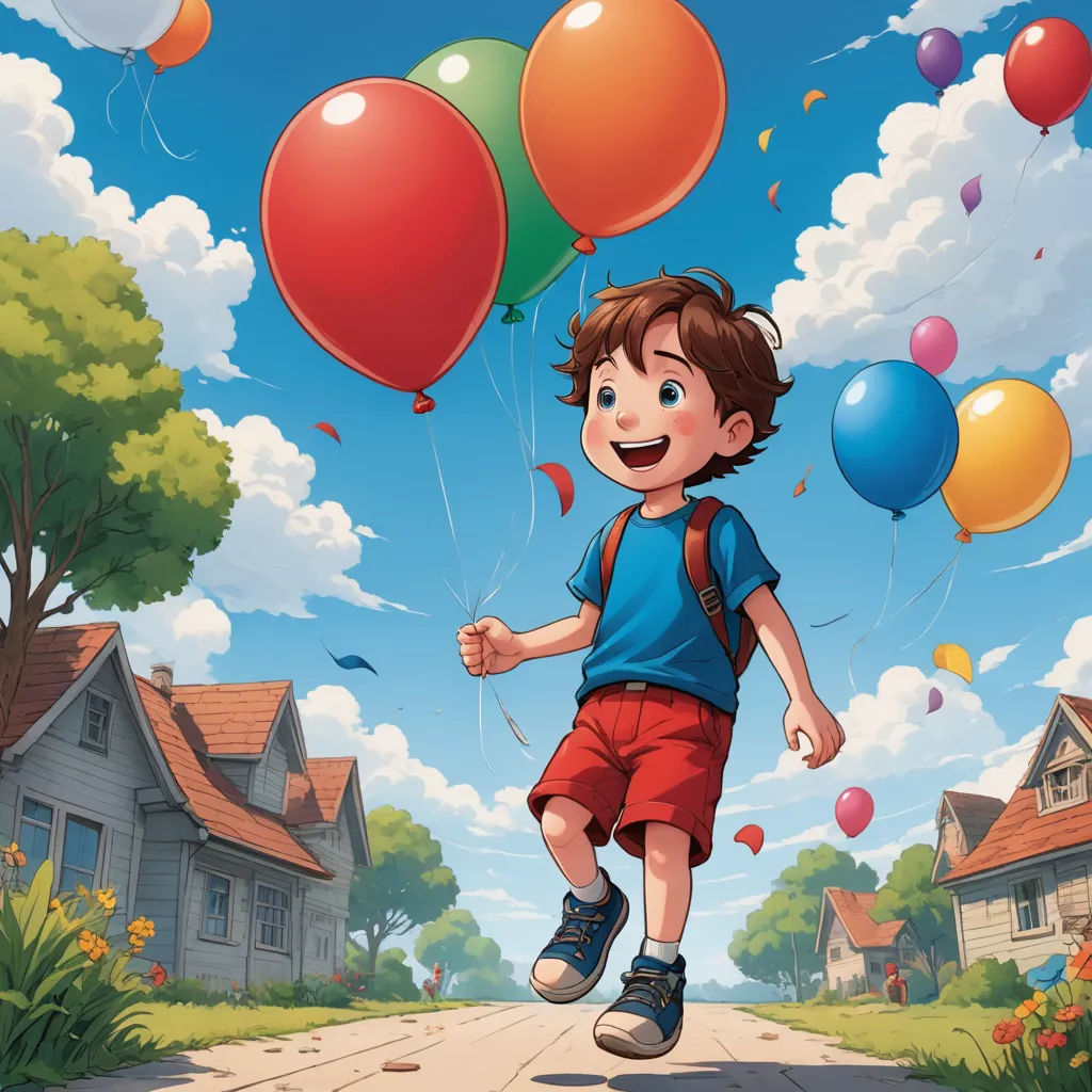 a boy running down a street with balloons in the air above him and a house in the background with a blue sky, american scene painting, a storybook illustration, Aaron Jasinski, official art