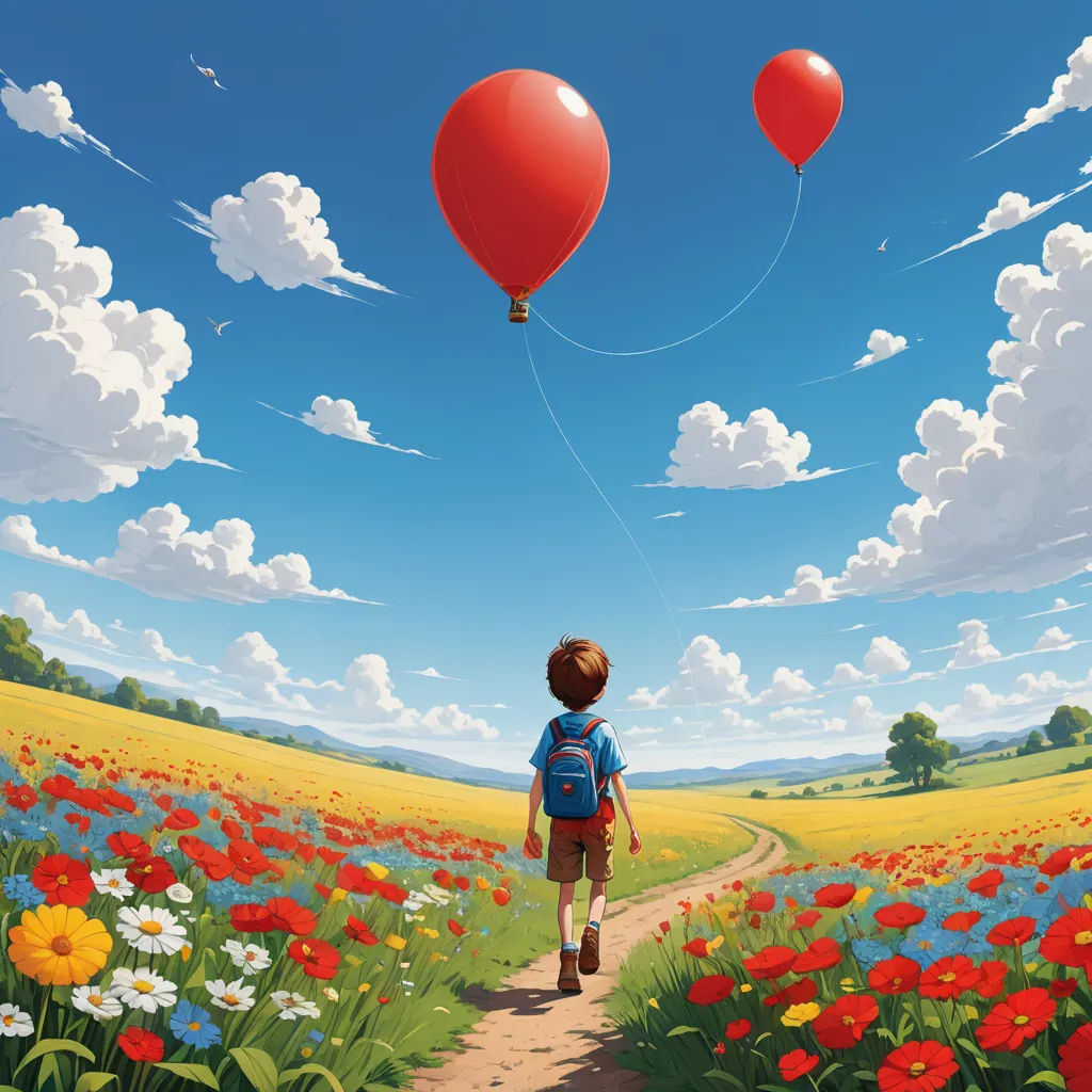 a boy walking down a path with two balloons in the sky above him and a field of flowers and flowers below him, color field, a storybook illustration, Aaron Jasinski, rossdraws global illumination