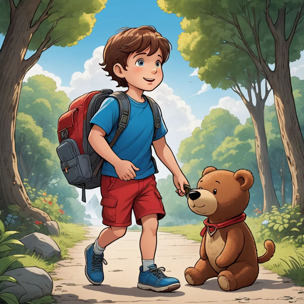 a boy with a backpack and a teddy bear in the woods illustration by alex krapfke for the children's book, the adventures of paddington, lyco art, a storybook illustration, Diego Gisbert Llorens, storybook illustration