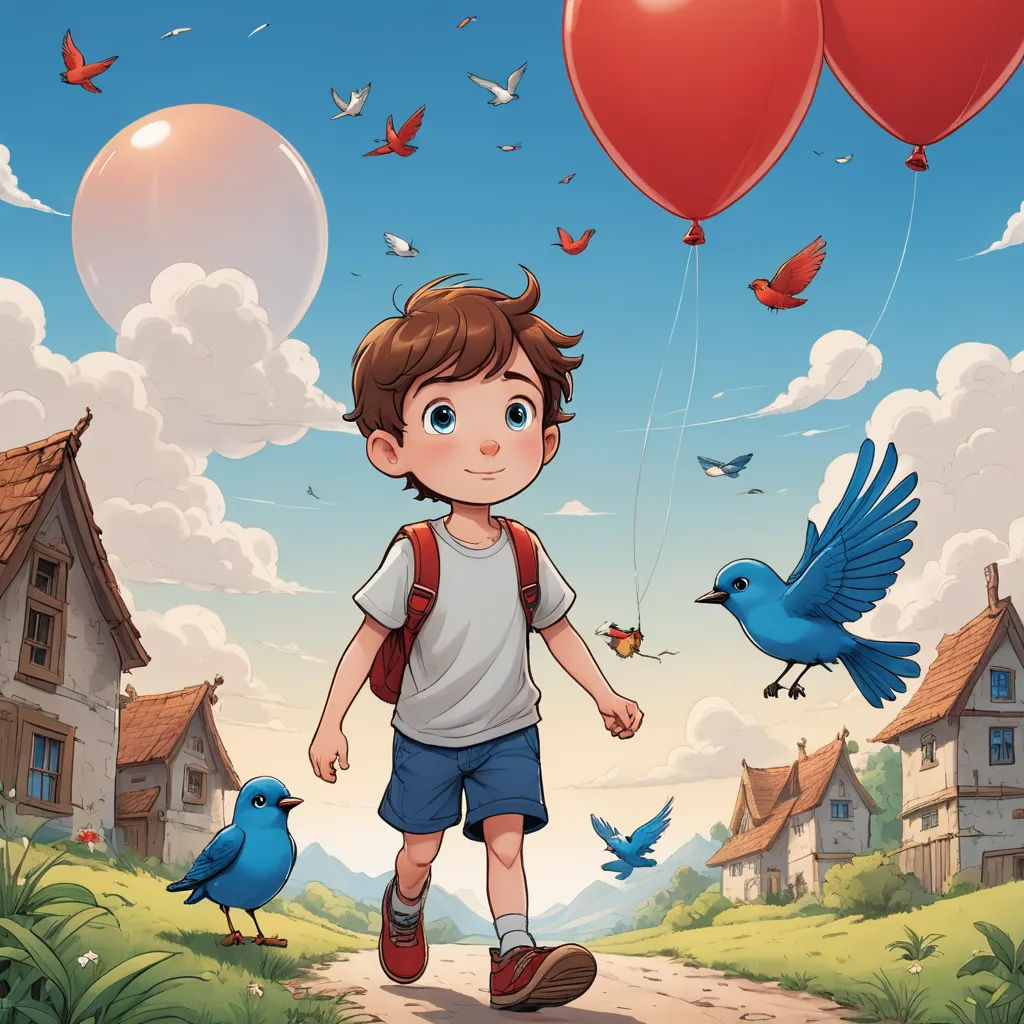 a boy with a backpack and a backpack is walking towards a bird and a house with balloons in the sky, fantasy art, a storybook illustration, Diego Gisbert Llorens, rossdraws global illumination