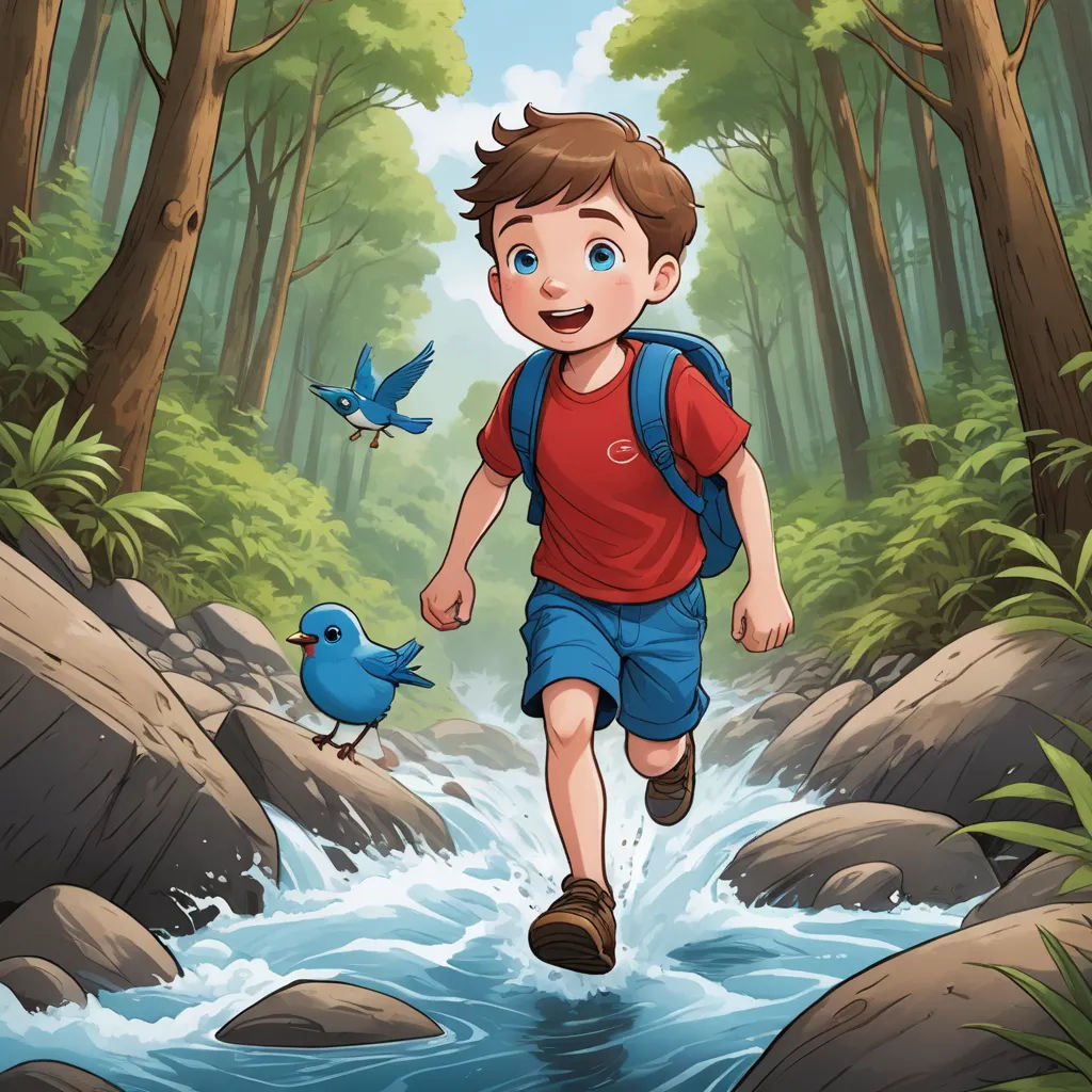 a boy running through a river with a bird flying above him illustration by alex krautman for the children's book, the little prince of the woods, lyco art, a storybook illustration, Cliff Childs, storybook illustration