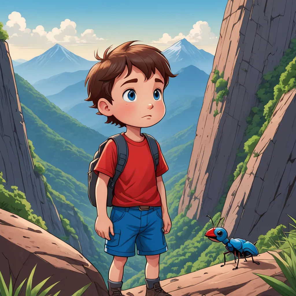 a boy standing on a cliff looking at a bug on the ground in front of him and a mountain in the background, lyco art, a storybook illustration, Diego Gisbert Llorens, storybook illustration