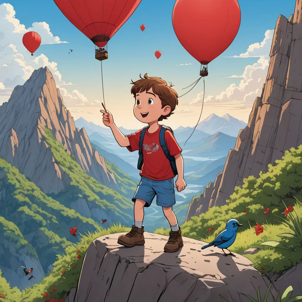 a boy is standing on a rock with balloons in the air above him and a bird is flying near him, fantasy art, a storybook illustration, Diego Gisbert Llorens, anime key visual