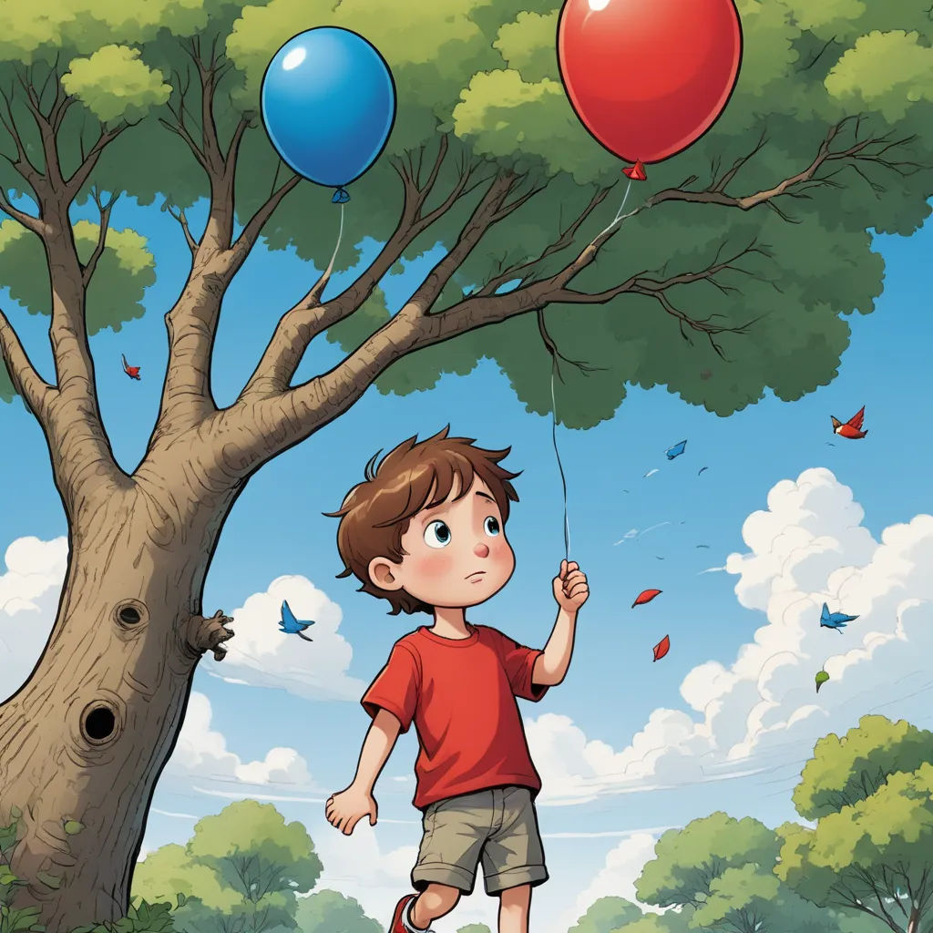 a boy is flying a kite in a tree with balloons on a string in the air above him is a bird and a bird, fantasy art, a storybook illustration, Aaron Jasinski, storybook illustration