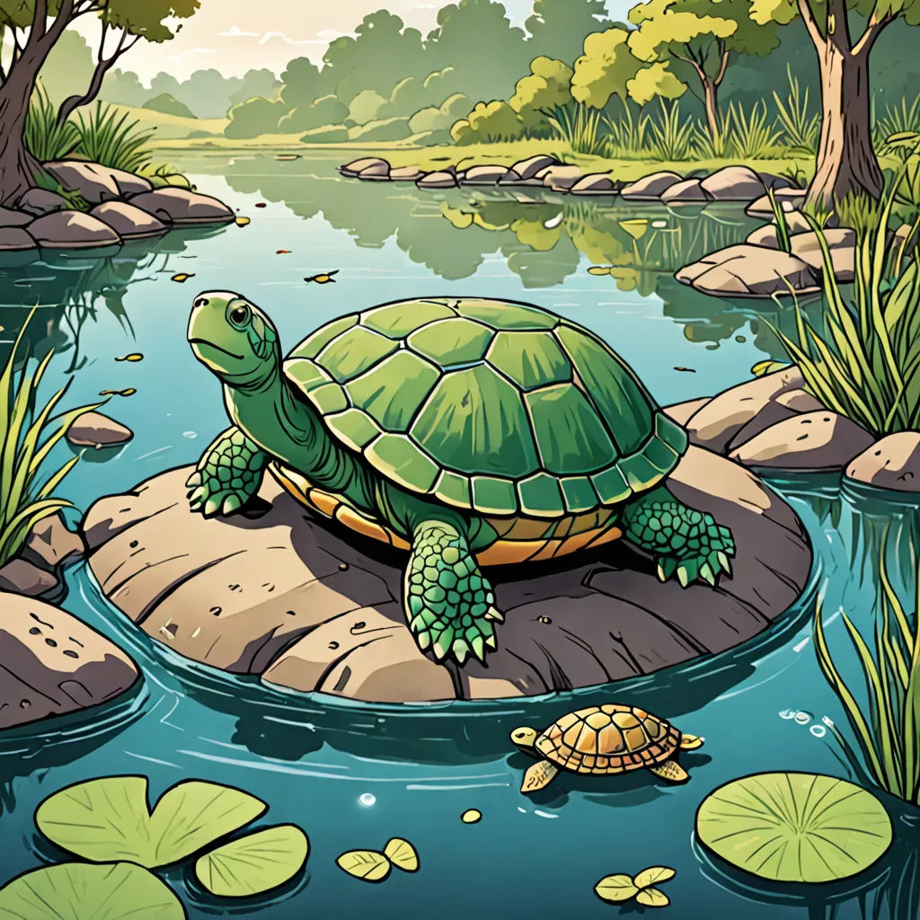 a turtle is sitting on a rock in the water and floating in the pond with lily pads on the rocks, environmental art, a storybook illustration, Dan Mumford, storybook illustration