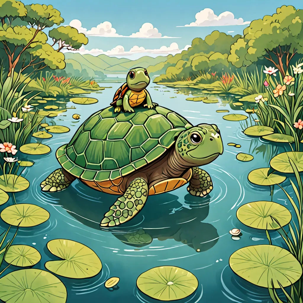 a turtle is sitting on top of a turtle in the water with lily pads around it and a pond full of water lilies, fantasy art, a storybook illustration, Chris LaBrooy, storybook illustration