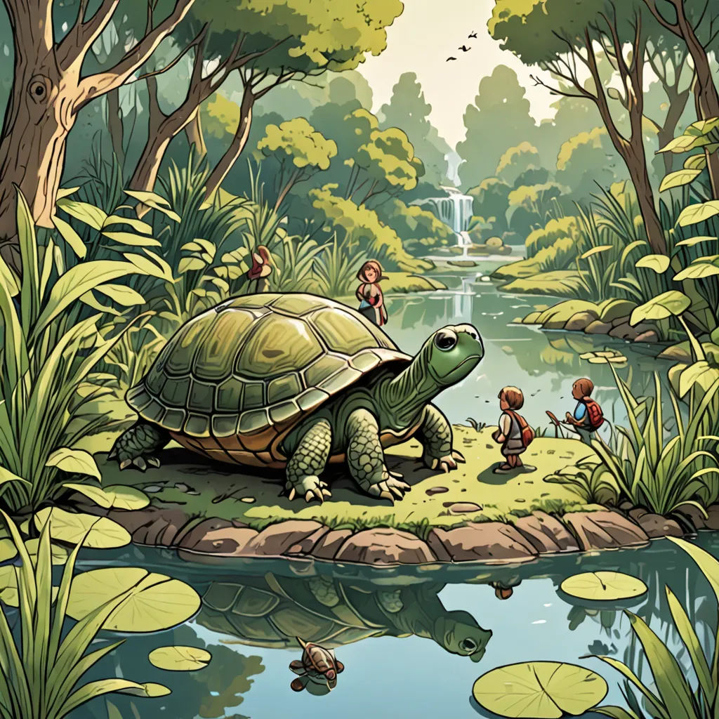 a painting of a turtle and some people in a forest by a pond with lily pads and a waterfall, environmental art, a storybook illustration, Chris LaBrooy, storybook illustration