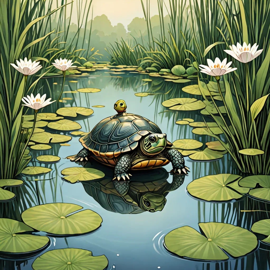a turtle is sitting on a lily pad in a pond with lily pads and water lilies surrounding it, fantasy art, a storybook illustration, Chris LaBrooy, highly detailed digital painting