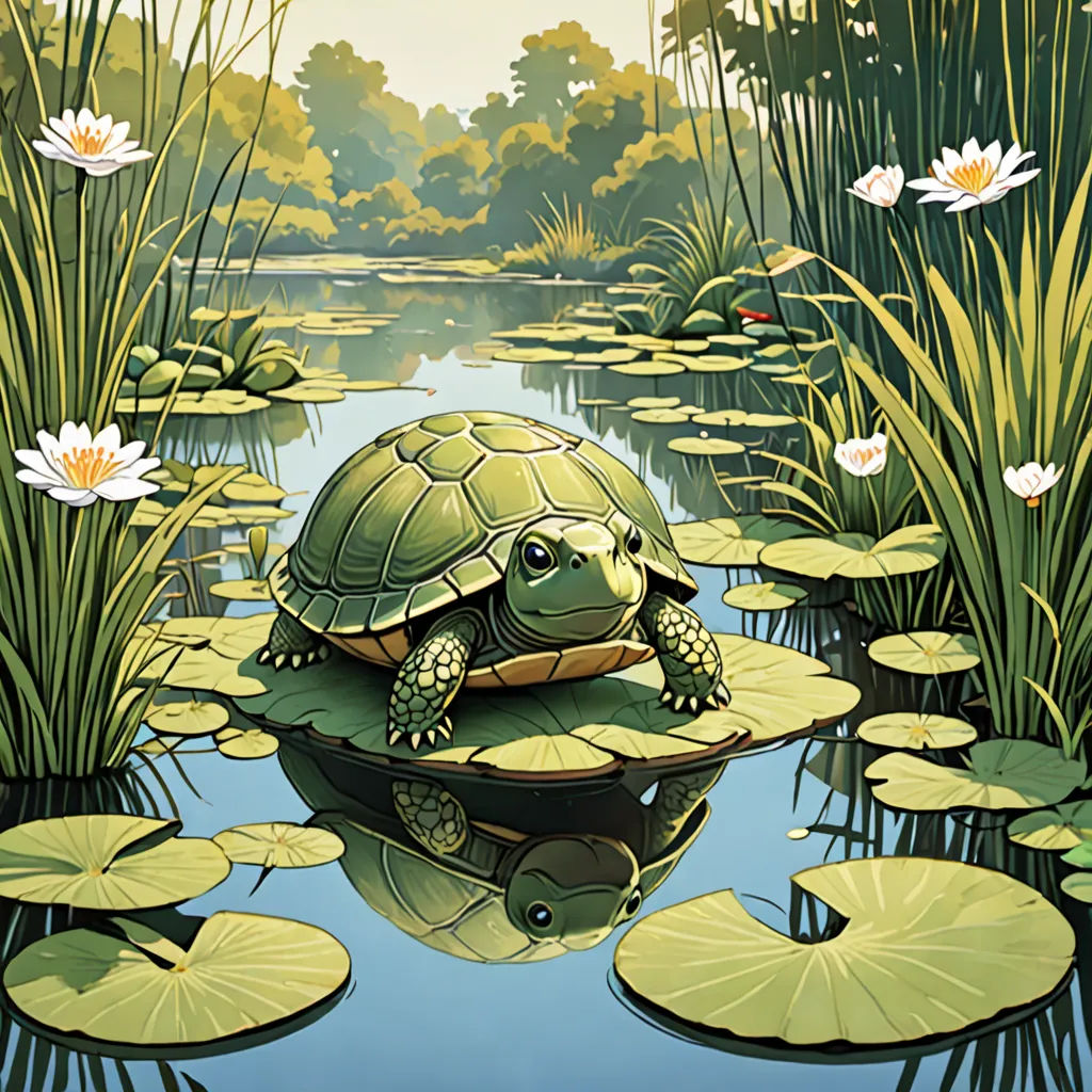 a painting of a turtle on a lily pad in a pond with lily pads and water lilies surrounding it, environmental art, a storybook illustration, Chris LaBrooy, highly detailed digital painting